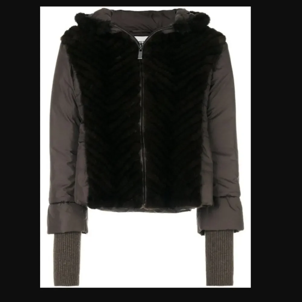 Max & Moi‎ Paris fur quilted hooded puffer bomber jacket black sweater sleeve